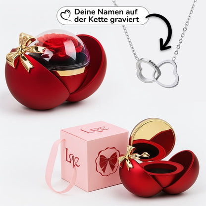 Ewige Rose in Kugelbox – Doppelherz-Halskette mit persönlicher Gravur