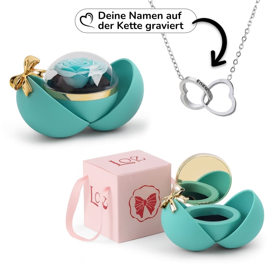 Ewige Rose in Kugelbox – Doppelherz-Halskette mit persönlicher Gravur