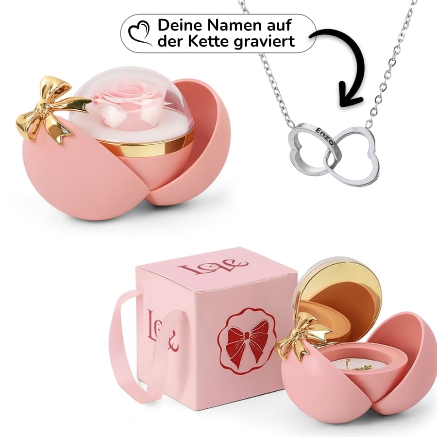 Ewige Rose in Kugelbox – Doppelherz-Halskette mit persönlicher Gravur