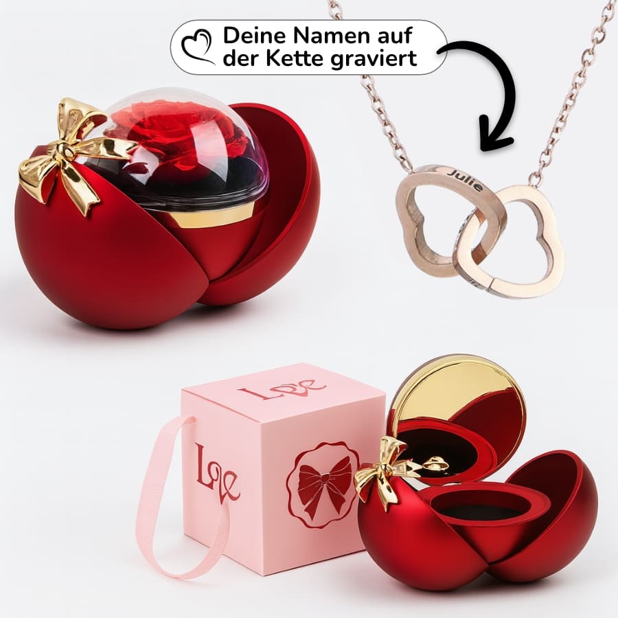 Ewige Rose in Kugelbox – Doppelherz-Halskette mit persönlicher Gravur