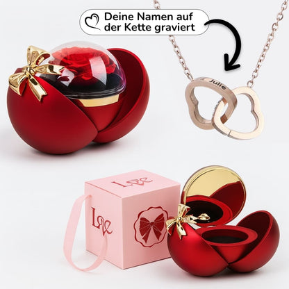 Ewige Rose in Kugelbox – Doppelherz-Halskette mit persönlicher Gravur