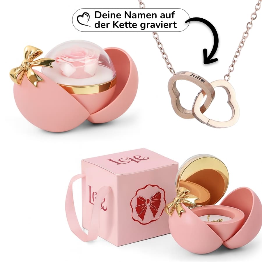 Ewige Rose in Kugelbox – Doppelherz-Halskette mit persönlicher Gravur