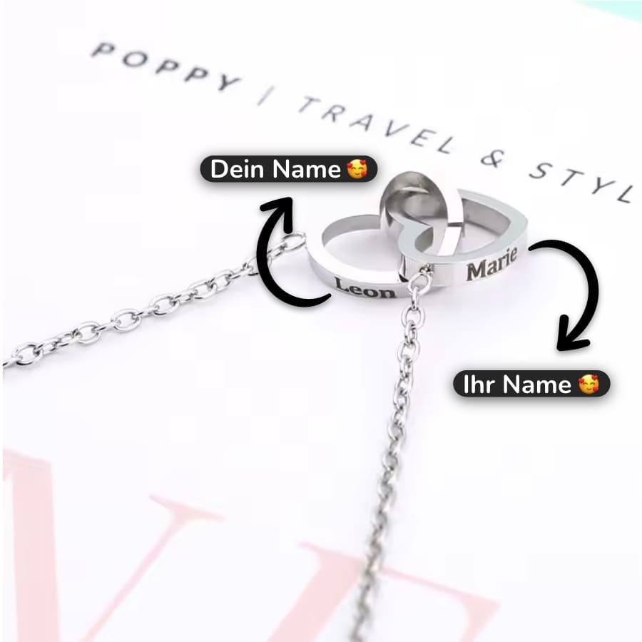 Ewige Rose in Kugelbox – Doppelherz-Halskette mit persönlicher Gravur